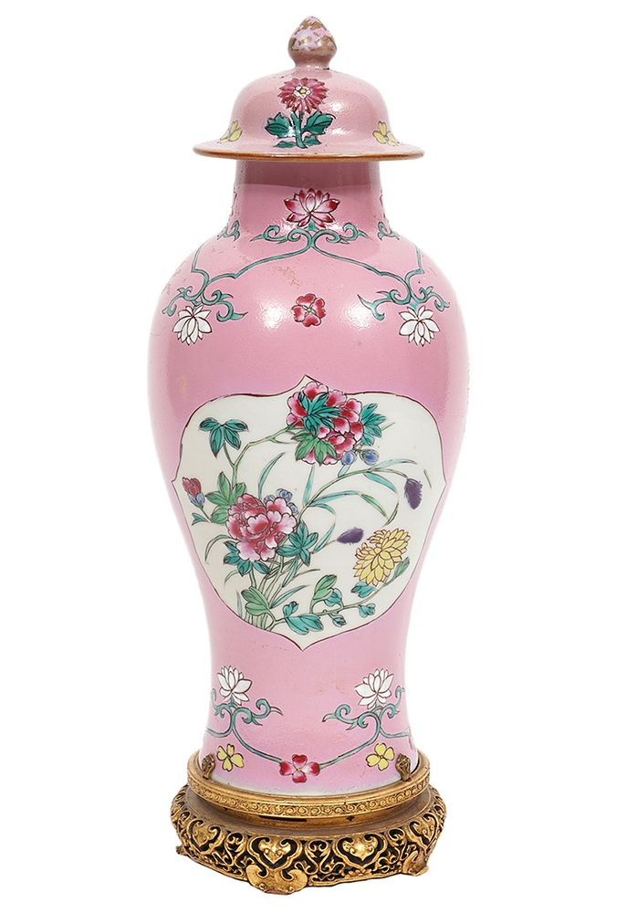 Pink Chinese Famille Rose Lidded Vase This vase is baluster