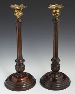 Pair of English Carved Mahogany Columnar Candlesti Pair of English