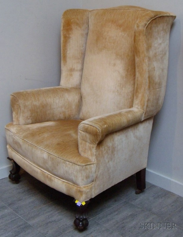 Georgian style Beige Velvet Upholstered Carved Maple Wing Chair