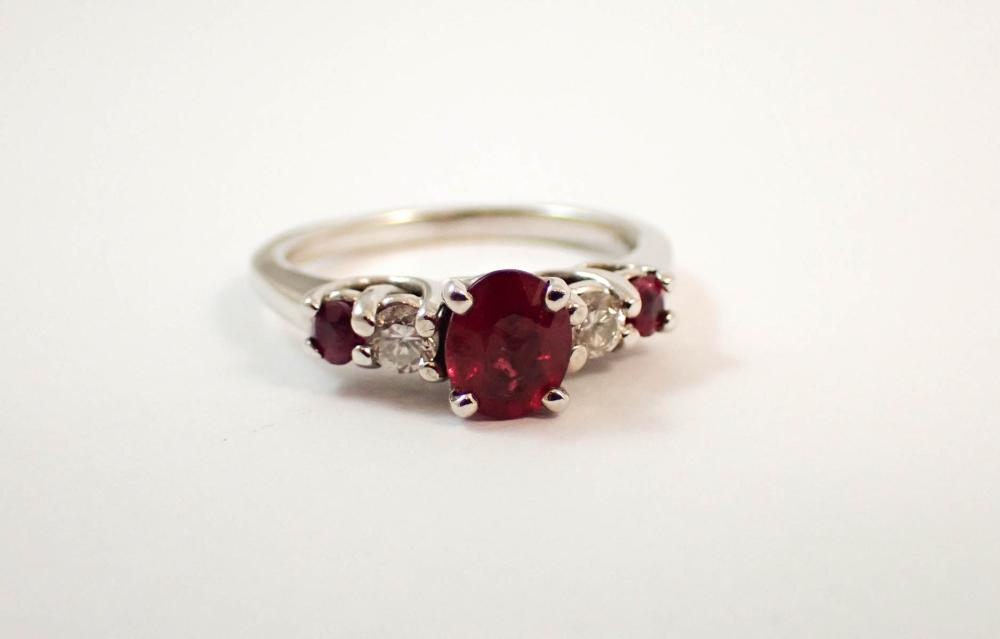 RUBY DIAMOND AND FOURTEEN KARAT GOLD RING The 14k white