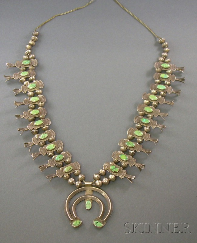 Southwest Silver and Turquoise Squash Blossom Necklace Navajo with twenty