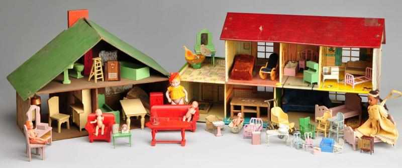 Lot of 2 Dolls Houses and Furniture Description Marx Tin