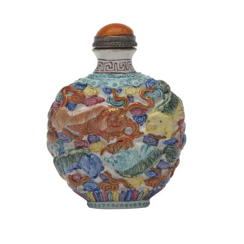 Famille Rose Nine Lions Snuff Bottle Qianlong Mark 19th Century