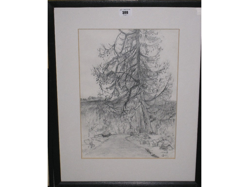 Pencil landscape with a tree monogrammed lower right