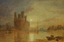 European Nineteenth Century School Castle by Moonlight 1841 watercolour initialled
