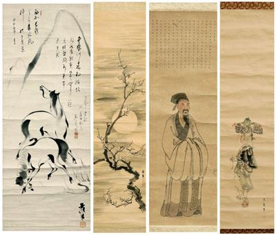 Four Japanese hanging scrolls one ink and color on paper