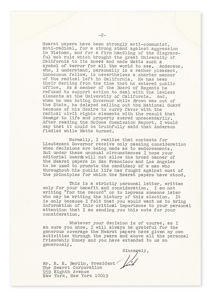 LT GOVERNOR FIDDLED WHILE WATTS BURNED NIXON RICHARD M Typed