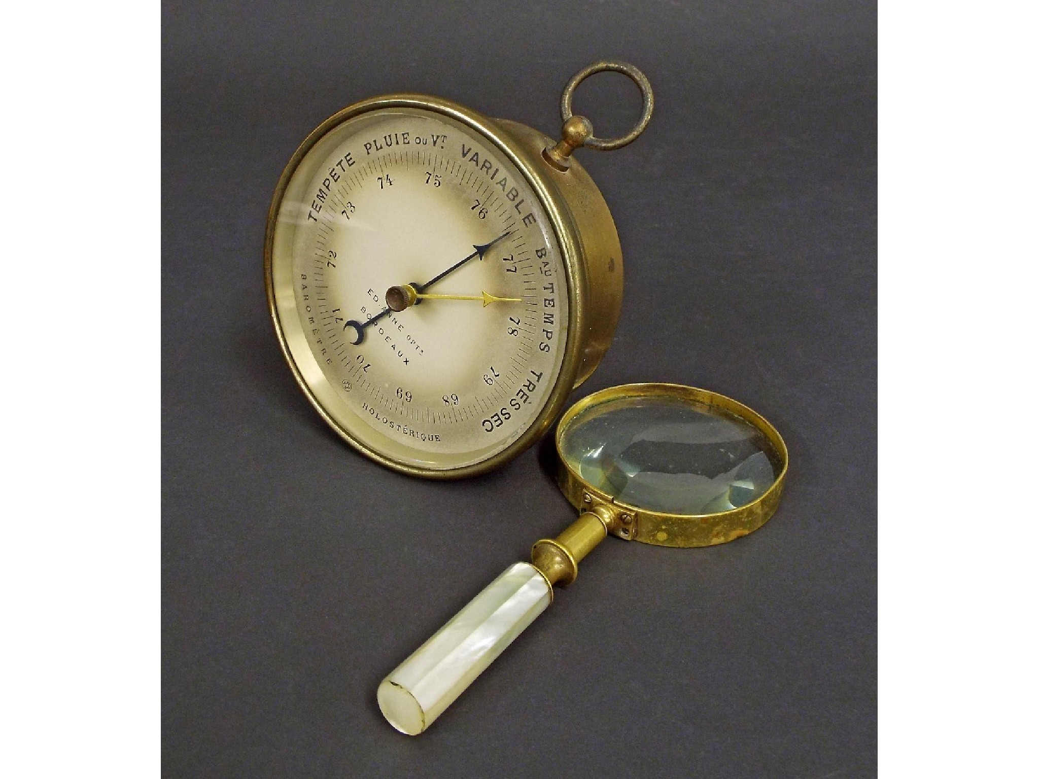 French aneroid brass barometer inscribed Bordeaux 5 diameter together with