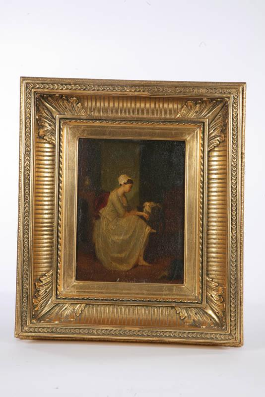 OIL ON BOARD Scene of a woman sitting in her