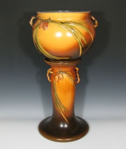 Massive Roseville brown Pine Cone 632 12 jardiniere and pedestal