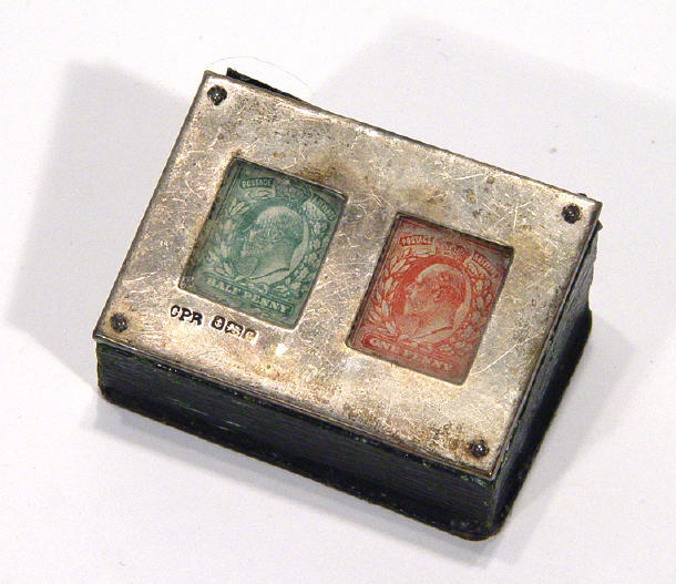 Silver topped leather stamp box with twin divisional interior Birmingham