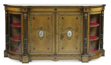 A late Victorian burr walnut and amboyna crossbanded credenza of
