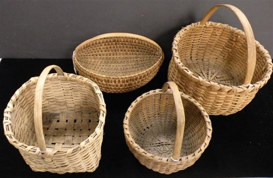 Four splint baskets with arched handles two round one square