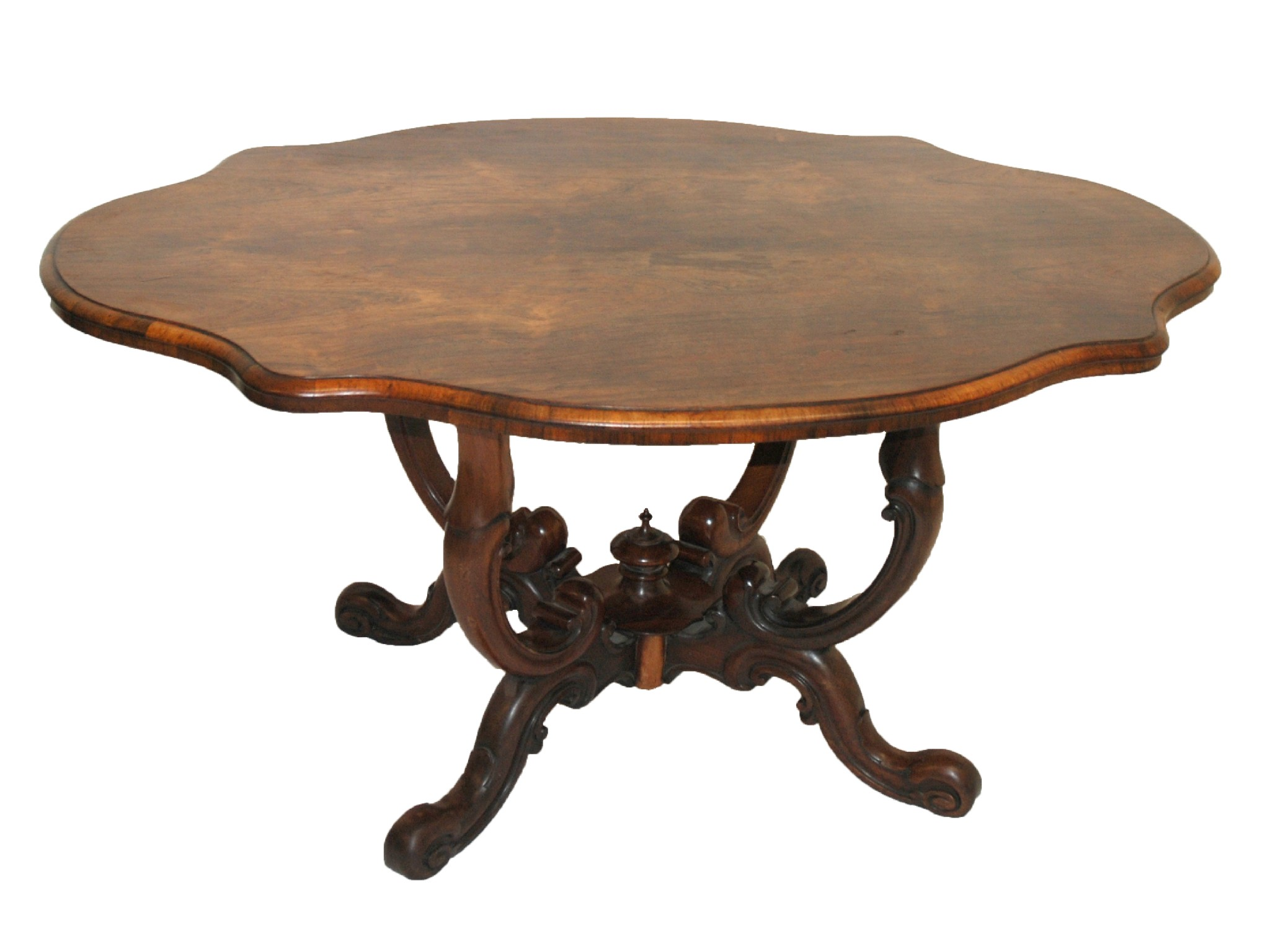A Victorian rosewood oval shaped tableon scroll shaped quadripartite legs