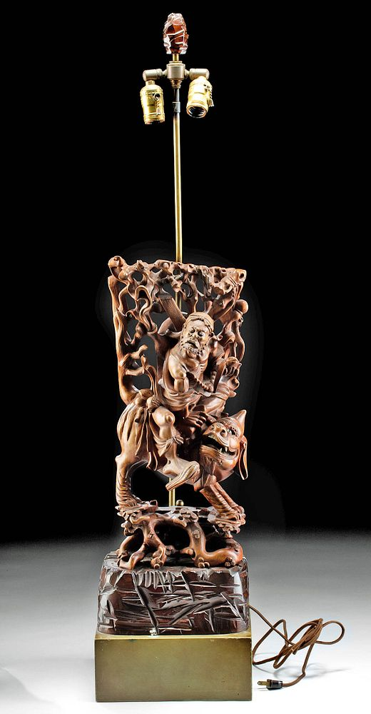 Vintage Chinese Wood Brass Lamp w Man Riding Dragon East