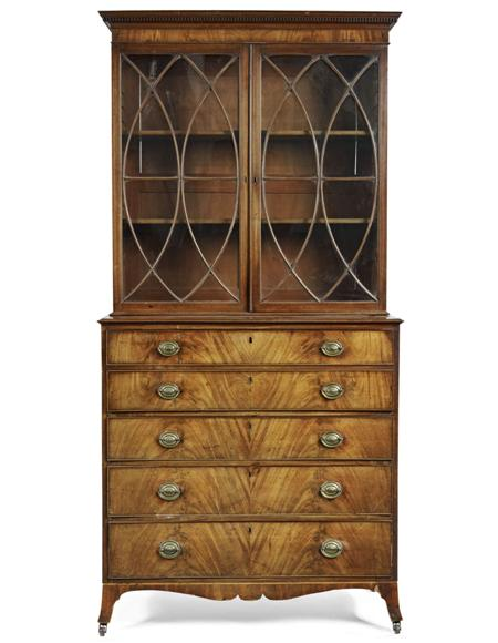 GEORGE III MAHOGANY SECRETAIRE BOOKCASE CIRCA 1810 the dentil cornice