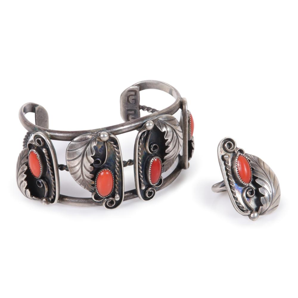 NATIVE AMERICAN INDIAN STERLING SILVER AND CORAL CUFF BRACELET RING
