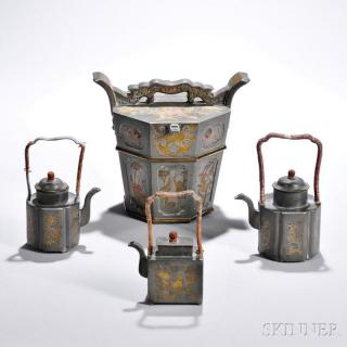 Three Pewter Teapots and an Inlaid Pewter Container China 19th