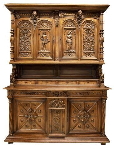 Monumental French Renaissance Revival walnut sideboard 19th c having cornice