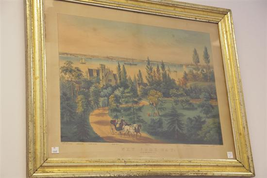 FRAMED CURRIER AND IVES NEW YORK BAY Handcolored lithograph entitled