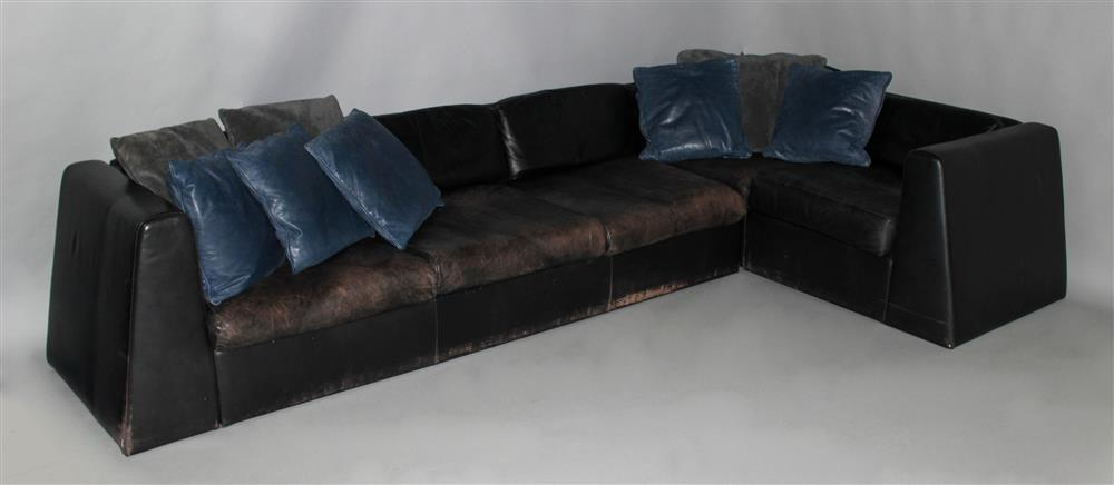 JUAN MONTOYA CONTEMPORARY BLACK LEATHER SECTIONAL SOFA WITH SLEEPER SECTION