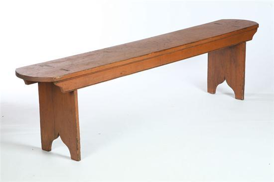 PAINTED BENCH American 19th century pine Mortised construction with bootjack