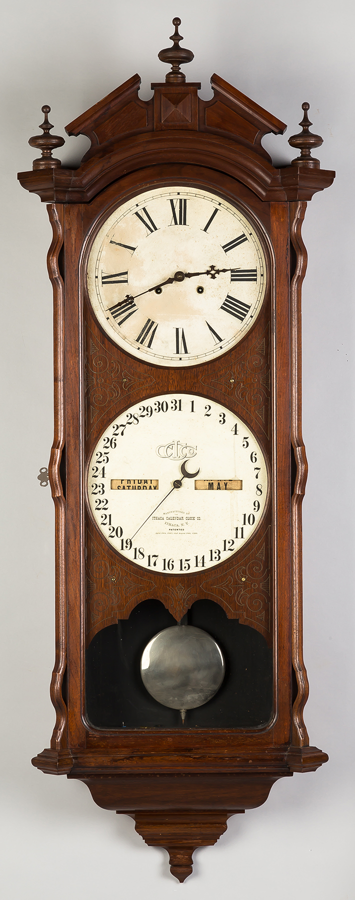 Ithaca Bank 2 Wall Calendar Clock Carved walnut case old