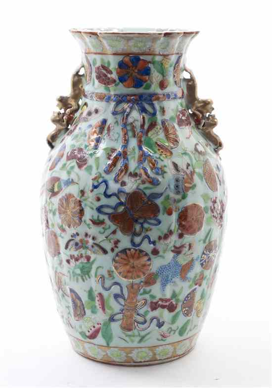 A Rose Medallion Baluster Vase having a ruffled mouth rim