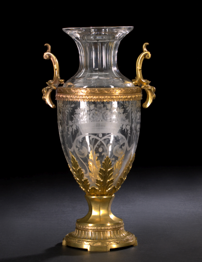 French Gilt Brass Mounted Floral Engraved Glass Vase in the