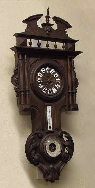 FRENCH CARVED WALL CLOCK WITH THERMOMETER AND BAROMETER Carved pediment