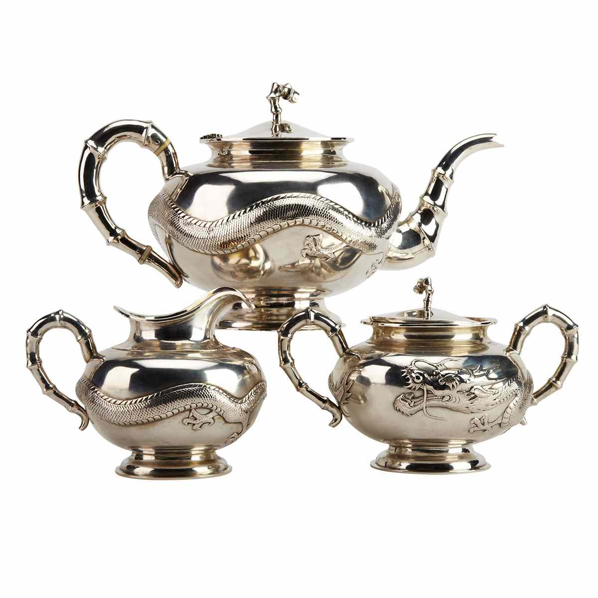 Export Silver Three Piece Tea Set Includes a creamer sugar