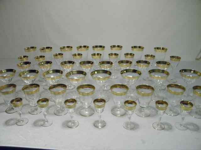 Tiffin Rambler Rose gilt edge crystal stemware set 48 pieces