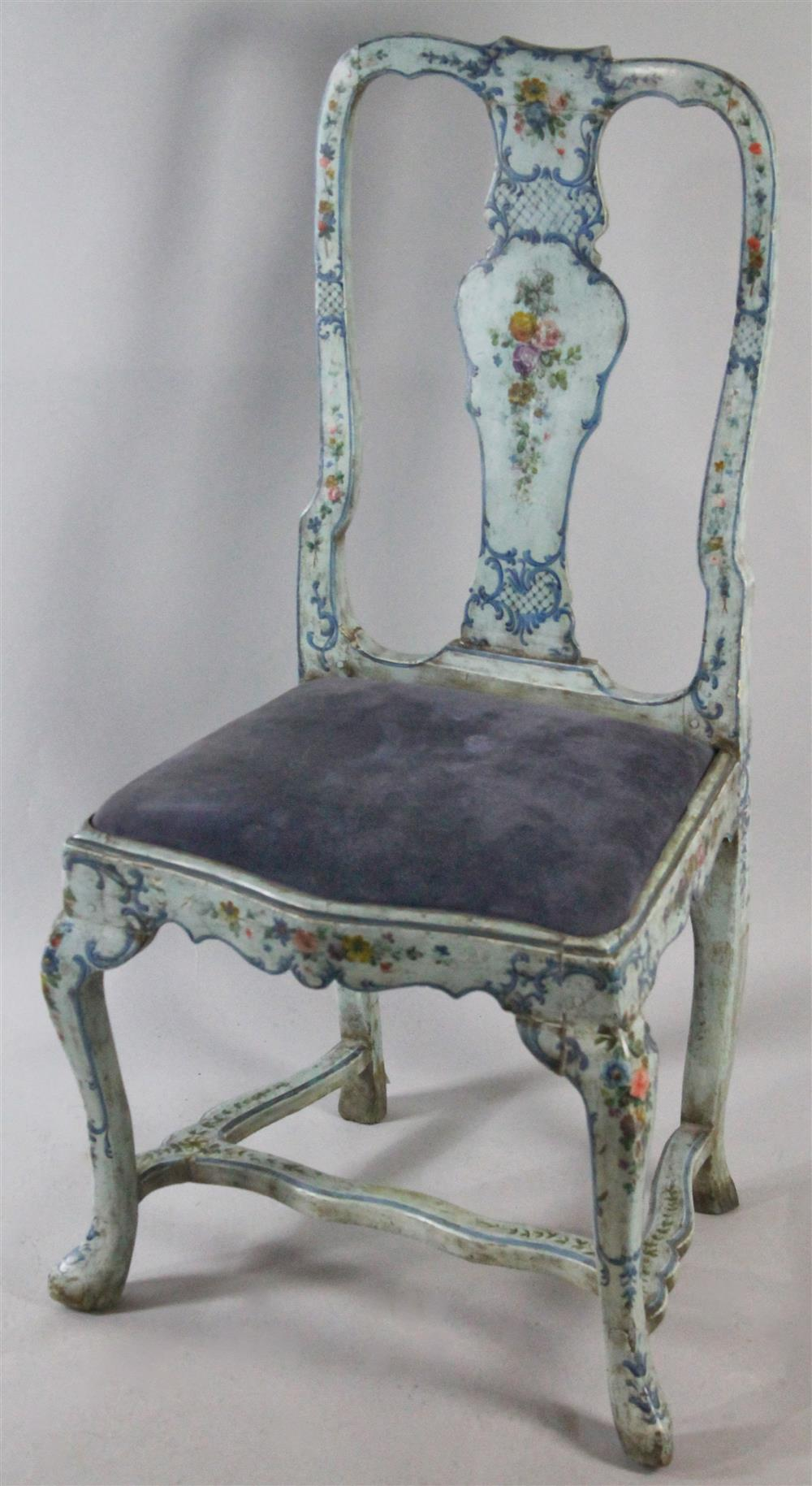 QUEEN ANNE CONTINENTAL FLORAL DECORATED SIDE CHAIR WITH BLUE GROUND