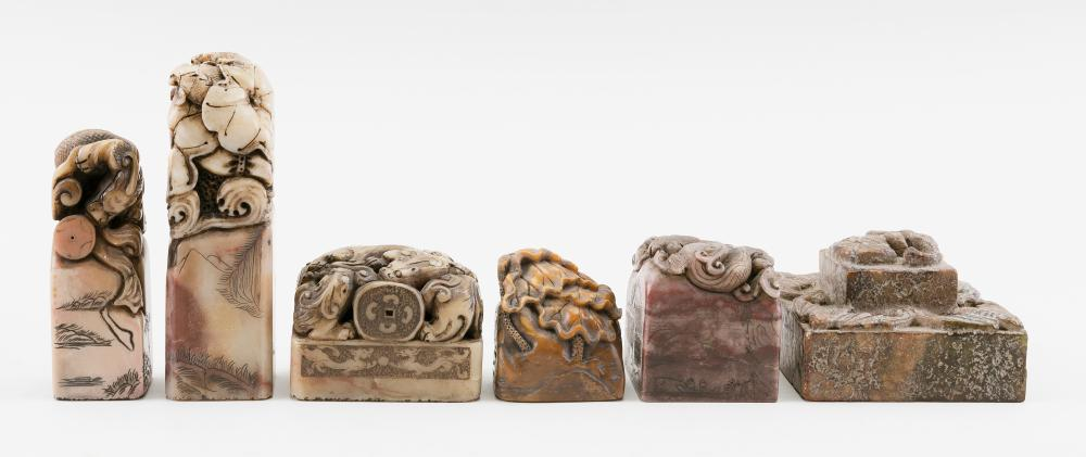 SIX CHINESE WELL CARVED SOAPSTONE SEALS MING DYNASTY AND EARLIER