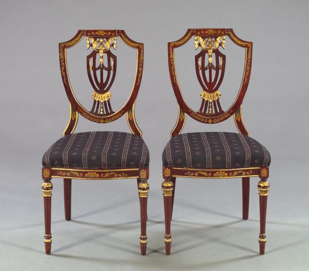 Pair of Edwardian Style Stenciled and Parcel Gilt Shield Back