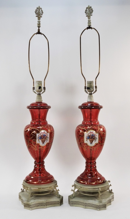 PR ITALIAN ENAMELED RUBY GLASS TABLE LAMPS Italy Early 20th