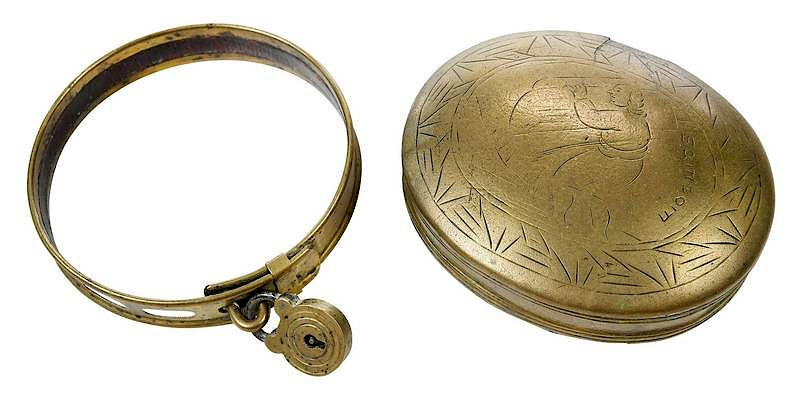 Engraved Brass Box with Brass Dog Collar Dutch probably 17th