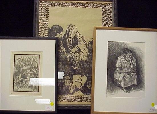 Three works the first H Hau charcoal black crayon Woman