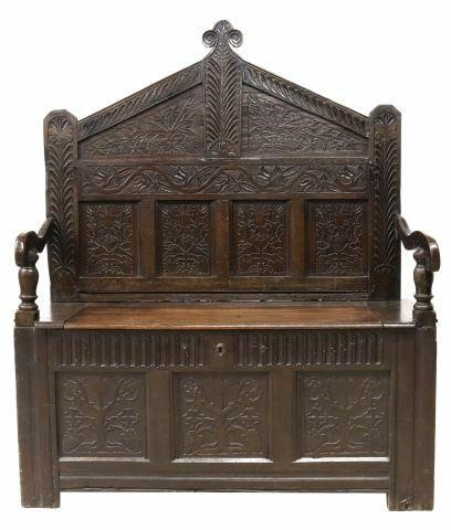 English oak settle hall bench 18th c peaked back with