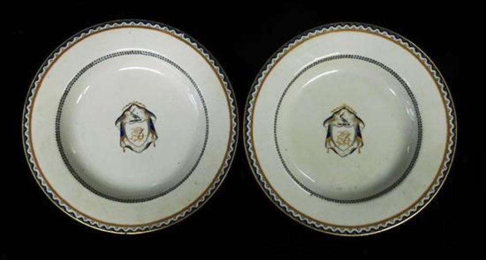 Chinese Export Armorial Lowestoft porcelain c 1790 two plates shield
