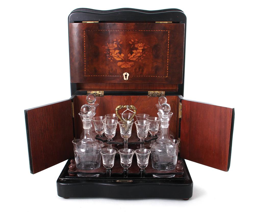 Napoleon III style marquetry inlaid liquor tantalus 20th century fitted