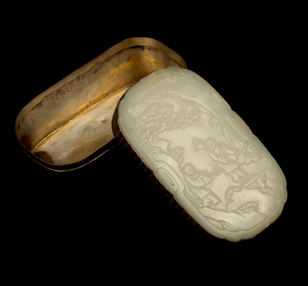CELADON JADE INSET METAL BOX AND COVER QING The detachable