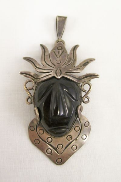 Sterling Tribal Warrior Face Pendant Black Obsidian glass carved pendant