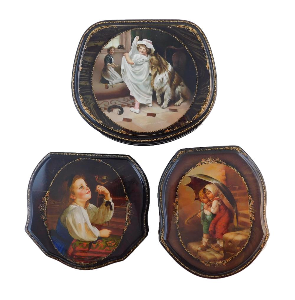 Russian hand painted lacquer boxes three pieces all of children