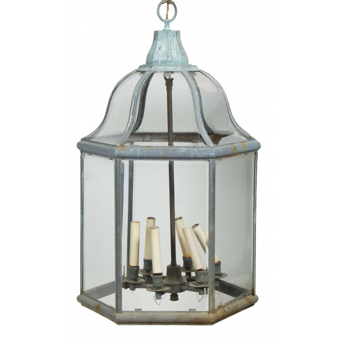 Large Copper Ceiling Mount Hexagonal Lantern 20th c with an