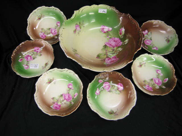 Victorian Porcelain Berry Set master bowl and six individuals floral