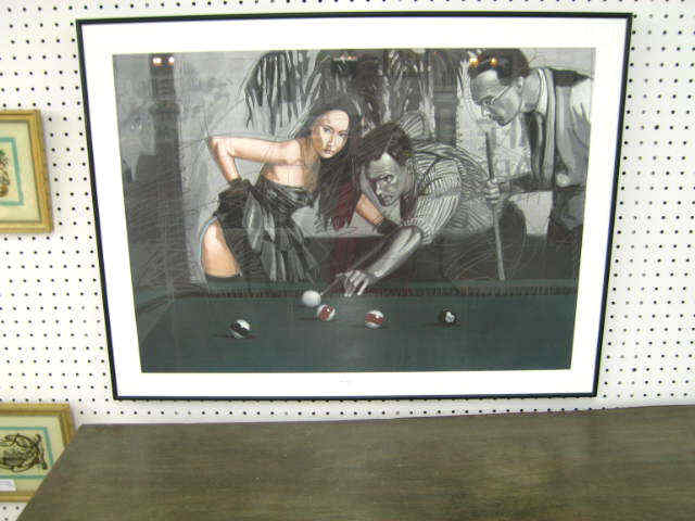 Nico Vrieling Lithograph of a Game of Pool pencil signed