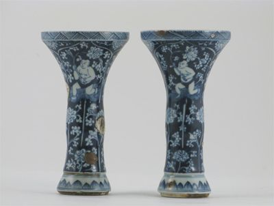 Two Chinese blue and white gu shaped vases painted with