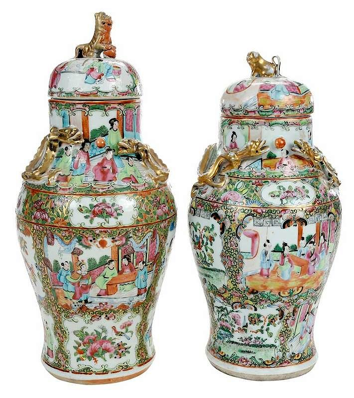 Near Pair Chinese 19th Century Dragon Jars Two gilt dragons