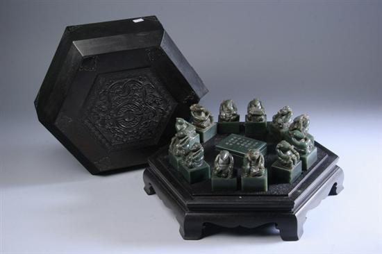 TWELVE SPINACH JADE ZODIAC SEALS AND INK BOX Early 20th